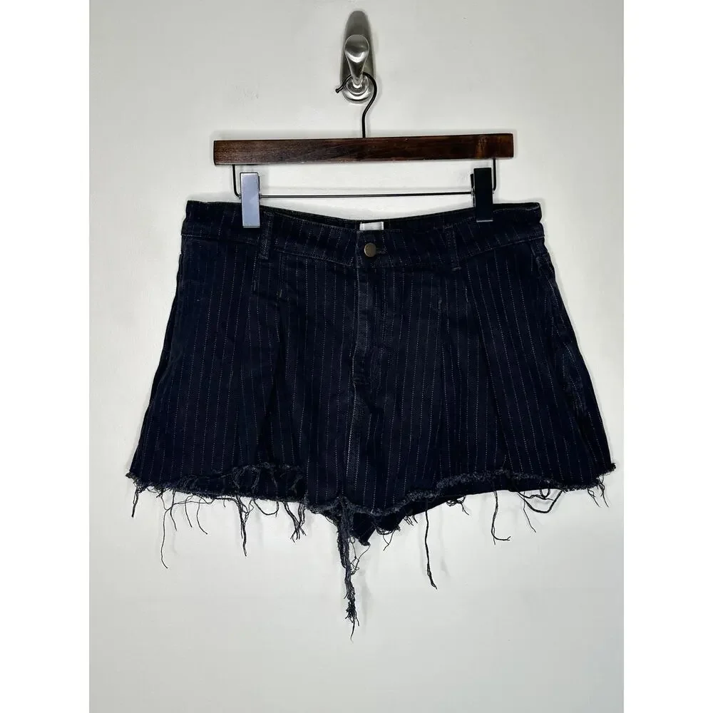 ANTHROPOLOGIE x MAEVE Pleated Menswear Pinstripe Denim Skort Black Sz 12 {G20}